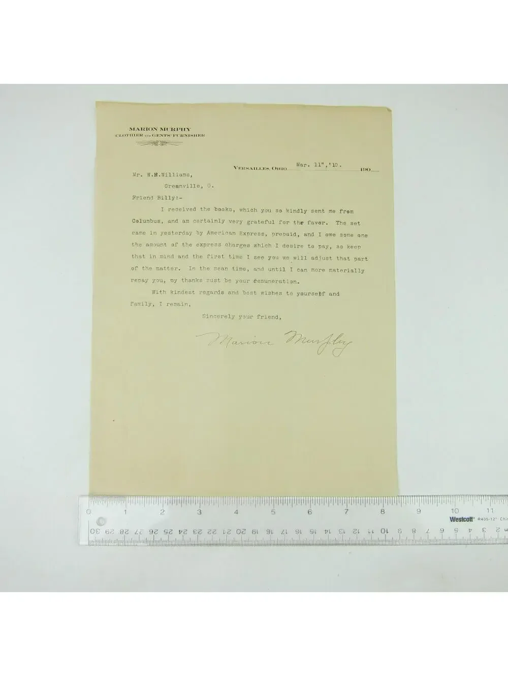 Letterhead Marion Murphy Clothier Versailles Ohio to W.H. Williams Antique 1910